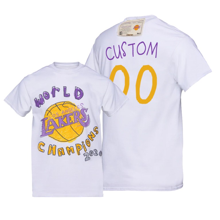 Men's Los Angeles Lakers Custom #00 NBA 2020 Cartoon Finals Champions White Basketball T-Shirt ZSQ5383PG